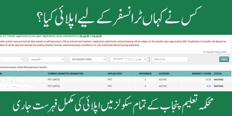 Applied for Transfer in Any School through sis.pesrp.edu.pk