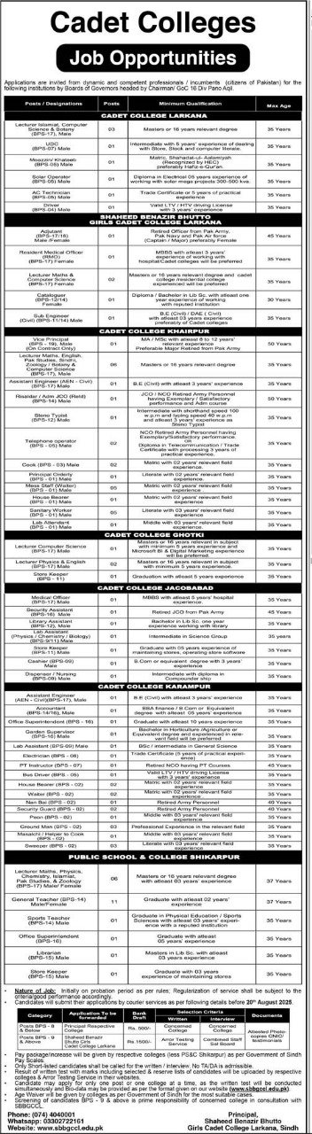 Shaheed Benazir Bhutto Girls Cadet College SBBGCCL Jobs 2025
