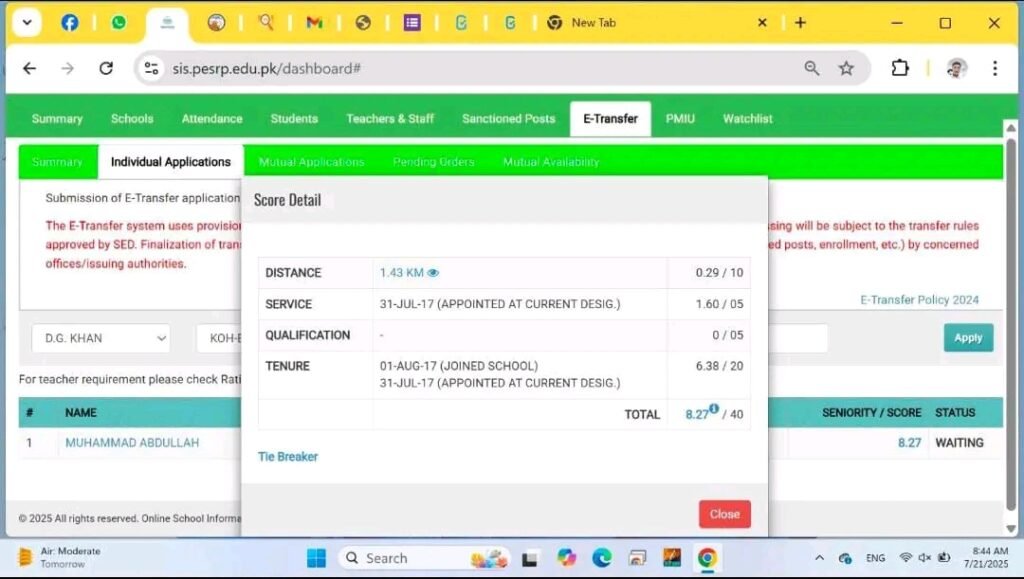 Merit Formula for SIS E-Transfer of Surplus Teachers (Rationalization 2025)