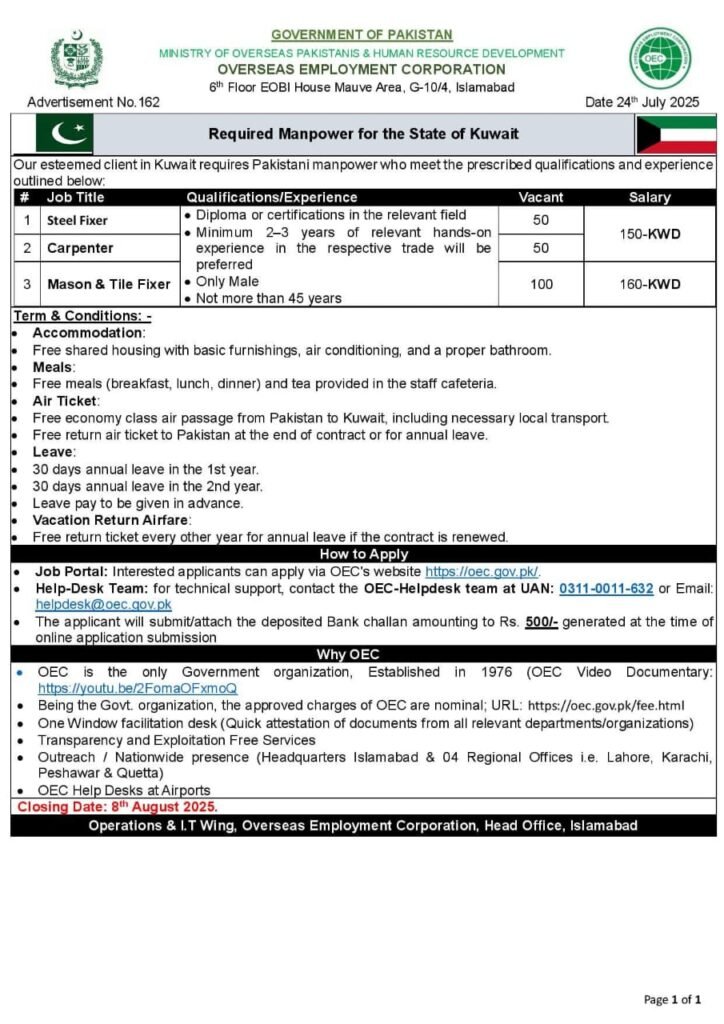 OEC Kuwait Jobs 2025 for Pakistanis