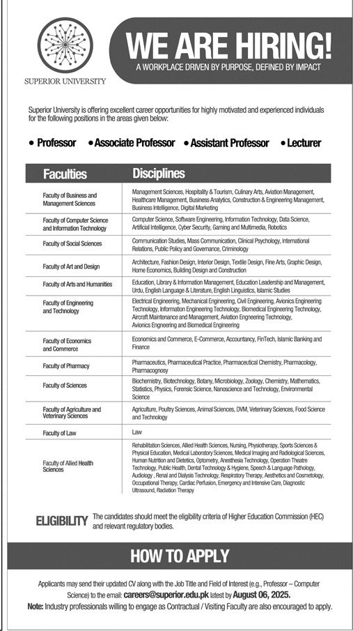 Superior University Professors & Lecturers Jobs 2025
