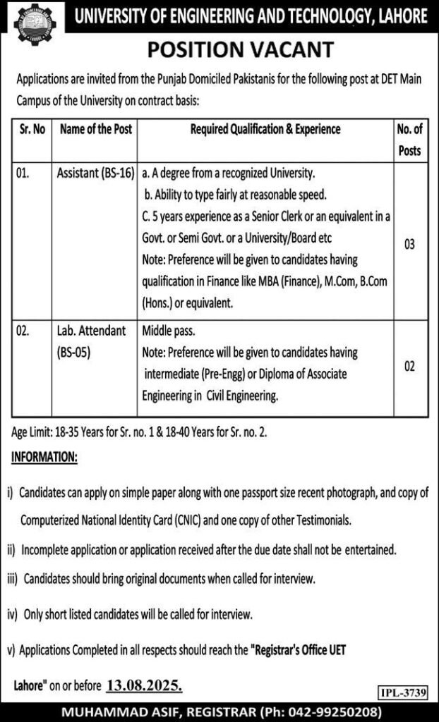 Assistant & Lab Attendants Jobs 2025 in UET Lahore