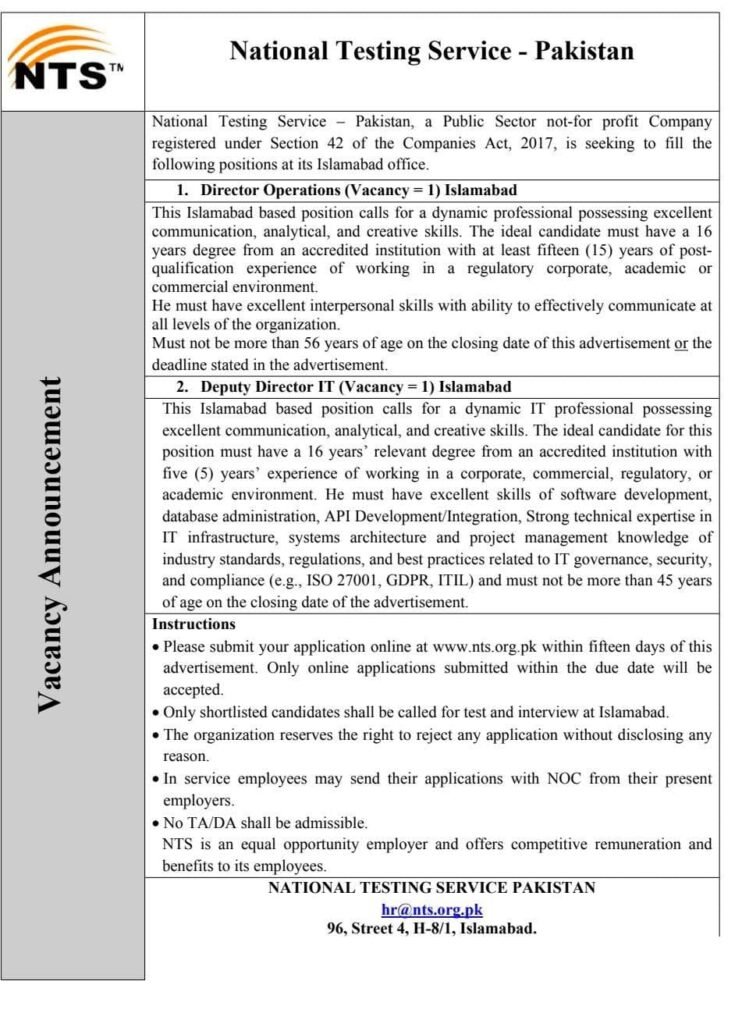 National Testing Service NTS Pakistan Jobs 2025