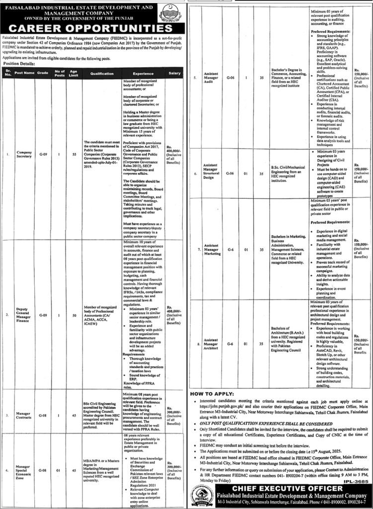 Faisalabad Industrial Estate Development & Management Company Jobs 2025
