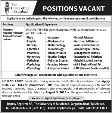 Lecturers Jobs 2025 in The University of Faisalabad