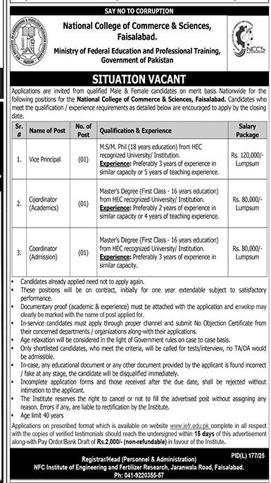 National College of Commerce & Sciences Faisalabad Jobs 2025