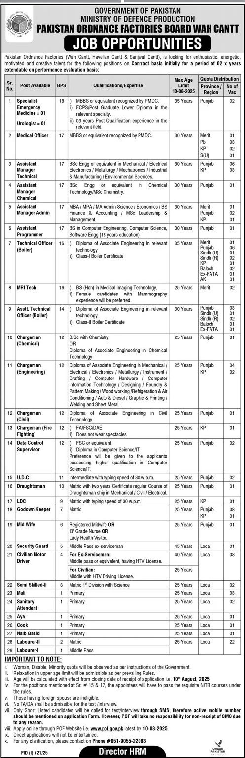 Pakistan Ordnance Factories Wah Cantt Jobs 2025 Online Apply 