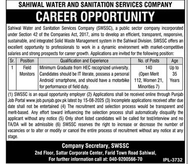 Field Monitors Jobs 2025 in Sahiwal Water and Sanitation Services Company SWSSC