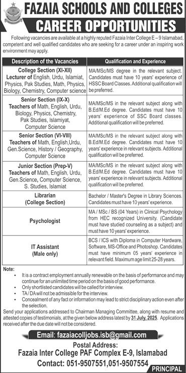 Fazaia Inter College E-9 Islamabad Teaching Jobs 2025