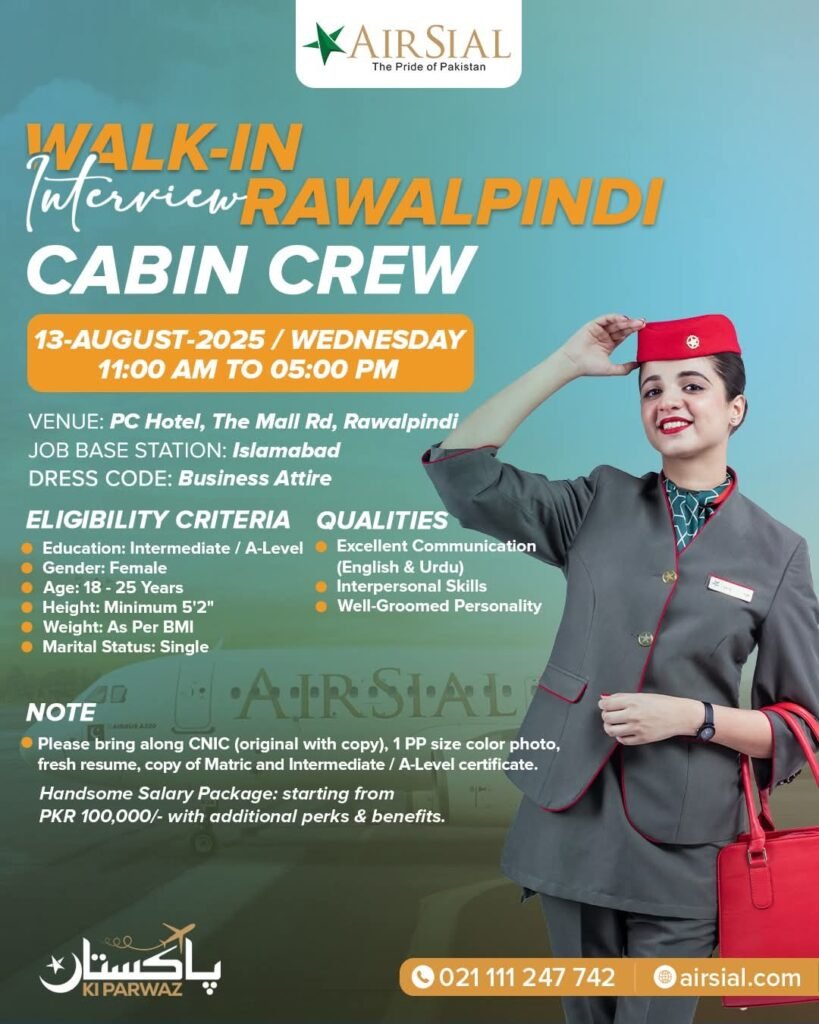 AirSial Cabin Crew Jobs 2025 Walk In Interview Rawalpindi